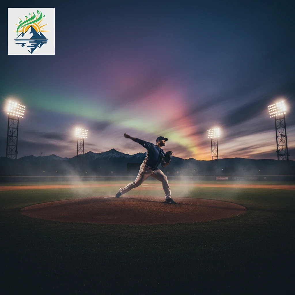 Baseball pitcher throwing from the mound during an evening game